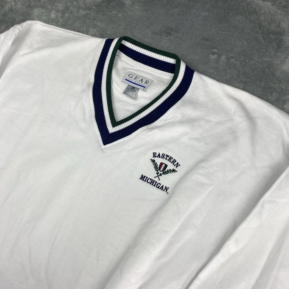 Vintage Eastern Michigan Sweatshirt Mens XL White Varsity V Neck Gear for Sports